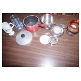 Kitchen Lot: sauce pots & lids, vintage glass jar, milk glass mug, stoneware vase