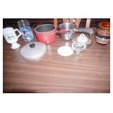 Kitchen Lot: sauce pots & lids, vintage glass jar, milk glass mug, stoneware vase