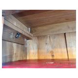 Vintage Display Cabinet - Wood Two-Door Glass-Front with Red Shelves Vintage Display Cabinet - Wood Two-Door Glass-Front with Red Shelves