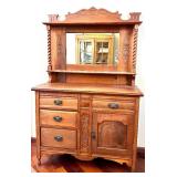 Antique Oak Hutch with Mirror Back & Carved Columns Sideboard Antique Oak Hutch with Mirror Back & Carved Columns Sideboard