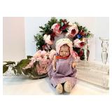 Antique Porcelain-Head Doll in Purple Gingham Dress & Orange Ribbon, Vintage Refrigerator Glass Butter Dish & Wreath Antique Porcelain-Head Doll in Purple Gingham Dress & Orange Ribbon, Vintage Refrigerator Glass Butter Dish & Wreath