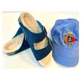 Birkenstock Sandals (EU 37) Two-Strap Blue Suede & Navy Cap with Nautical Crest Birkenstock Sandals (EU 37) Two-Strap Blue Suede & Navy Cap with Nautical Crest