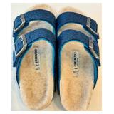 Birkenstock Sandals (EU 37) Two-Strap Blue Suede & Navy Cap with Nautical Crest Birkenstock Sandals (EU 37) Two-Strap Blue Suede & Navy Cap with Nautical Crest