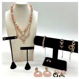 Pink Bead Jewelry Set - Necklace & Bracelet & Earrings with Heart Charms Pink Bead Jewelry Set - Necklace & Bracelet & Earrings with Heart Charms