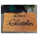 Two Small Artificial Christmas Trees & Merry Christmas Doormat Two Small Artificial Christmas Trees & Merry Christmas Doormat