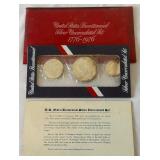 1976 1776-1976 Bicentennial 40% Silver Uncirculated 3 Coin Set - original package with COA, red packet has minor fire damage