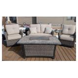 BY - Four-Piece Patio Set - 2 Chairs, Sofa & Fire Table with Beige Cushions BY - Four-Piece Patio Set - 2 Chairs, Sofa & Fire Table with Beige Cushions