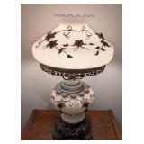 LL - Vintage White Glass Globe Table Lamp, Gold Floral Embellishments LL - Vintage White Glass Globe Table Lamp, Gold Floral Embellishments