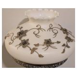 LL - Vintage White Glass Globe Table Lamp, Gold Floral Embellishments LL - Vintage White Glass Globe Table Lamp, Gold Floral Embellishments