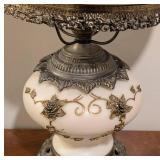 LL - Vintage White Glass Globe Table Lamp, Gold Floral Embellishments LL - Vintage White Glass Globe Table Lamp, Gold Floral Embellishments