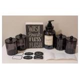 LL - Wash Brush Floss Flush Chalkboard Sign - Coconut Citrus Hand Soap - 4 Dark Glass Canisters LL - Wash Brush Floss Flush Chalkboard Sign - Coconut Citrus Hand Soap - 4 Dark Glass Canisters