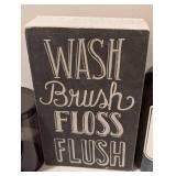 LL - Wash Brush Floss Flush Chalkboard Sign - Coconut Citrus Hand Soap - 4 Dark Glass Canisters LL - Wash Brush Floss Flush Chalkboard Sign - Coconut Citrus Hand Soap - 4 Dark Glass Canisters