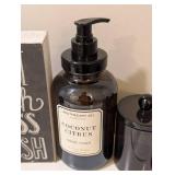 LL - Wash Brush Floss Flush Chalkboard Sign - Coconut Citrus Hand Soap - 4 Dark Glass Canisters LL - Wash Brush Floss Flush Chalkboard Sign - Coconut Citrus Hand Soap - 4 Dark Glass Canisters