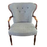 LR - Vintage Armchair - Blue Diamond Upholstery and Carved Wood Arms LR - Vintage Armchair - Blue Diamond Upholstery and Carved Wood Arms