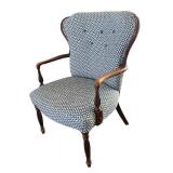 LR - Vintage Armchair - Blue Diamond Upholstery and Carved Wood Arms LR - Vintage Armchair - Blue Diamond Upholstery and Carved Wood Arms