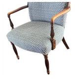 LR - Vintage Armchair - Blue Diamond Upholstery and Carved Wood Arms LR - Vintage Armchair - Blue Diamond Upholstery and Carved Wood Arms