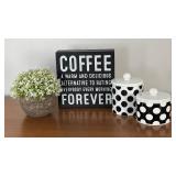 LR - Coffee Sign, Faux Plant & 2 Sephora Jars - Decorative Home Decor LR - Coffee Sign, Faux Plant & 2 Sephora Jars - Decorative Home Decor