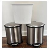 BR1 - Three Waste Baskets - Stainless Steel Pedal Cans & White Rectangular Bin BR1 - Three Waste Baskets - Stainless Steel Pedal Cans & White Rectangular Bin