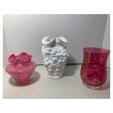 Cranberry glass vase and stripped v... Cranberry glass vase and stripped v...