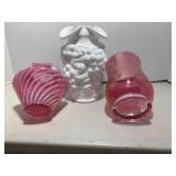 Cranberry glass vase and stripped v... Cranberry glass vase and stripped v...