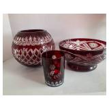 3 pcs - Ruby red glass bowls and gl... 3 pcs - Ruby red glass bowls and gl...