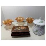 Carnival glass, lidded tea jar and ... Carnival glass, lidded tea jar and ...