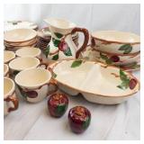 Plum Pattern Cream Ceramic Dinnerware Set - Cups Plates Bowls Pitcher Butter Dish