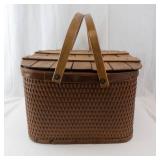Vintage Wicker Picnic Basket with Leather Trim and Wooden Slat Lid
