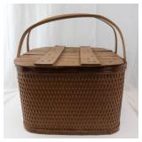 Vintage Wicker Picnic Basket with Leather Trim and Wooden Slat Lid