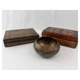 Inlaid Wood Boxes & Brass Floral Bowl (Lot of 3)