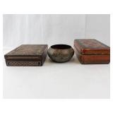 Inlaid Wood Boxes & Brass Floral Bowl (Lot of 3)