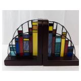 Stained Glass Cityscape Bookends With Built-In Lamps (Pair, both Working)