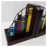 Stained Glass Cityscape Bookends With Built-In Lamps (Pair, both Working)