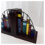 Stained Glass Cityscape Bookends With Built-In Lamps (Pair, both Working)