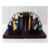 Stained Glass Cityscape Bookends With Built-In Lamps (Pair, both Working)
