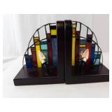 Stained Glass Cityscape Bookends With Built-In Lamps (Pair, both Working)