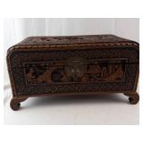 Hand-Carved Wooden Jewelry Box Chest With Floral Border And Scenic Panels - 14 in Long