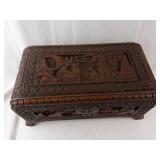 Hand-Carved Wooden Jewelry Box Chest With Floral Border And Scenic Panels - 14 in Long