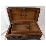 Hand-Carved Wooden Jewelry Box Chest With Floral Border And Scenic Panels - 14 in Long