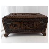 Hand-Carved Wooden Jewelry Box Chest With Floral Border And Scenic Panels - 14 in Long