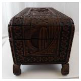Hand-Carved Wooden Jewelry Box Chest With Floral Border And Scenic Panels - 14 in Long