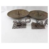 Pair of Brass Round Candle Holder Bases with Geometric Openwork Stands