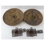 Pair of Brass Round Candle Holder Bases with Geometric Openwork Stands