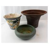 3-Piece Ceramic Planter Set - Floral Pattern, Green Glazed Round Pot, Brown Metal Tall Planter