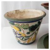 3-Piece Ceramic Planter Set - Floral Pattern, Green Glazed Round Pot, Brown Metal Tall Planter