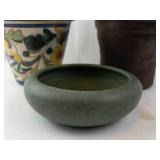 3-Piece Ceramic Planter Set - Floral Pattern, Green Glazed Round Pot, Brown Metal Tall Planter