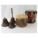 Vintage Hand Drums with Brass Bells - 2 Drums & Bells Set