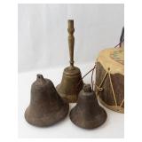 Vintage Hand Drums with Brass Bells - 2 Drums & Bells Set