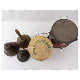 Vintage Hand Drums with Brass Bells - 2 Drums & Bells Set