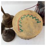 Vintage Hand Drums with Brass Bells - 2 Drums & Bells Set